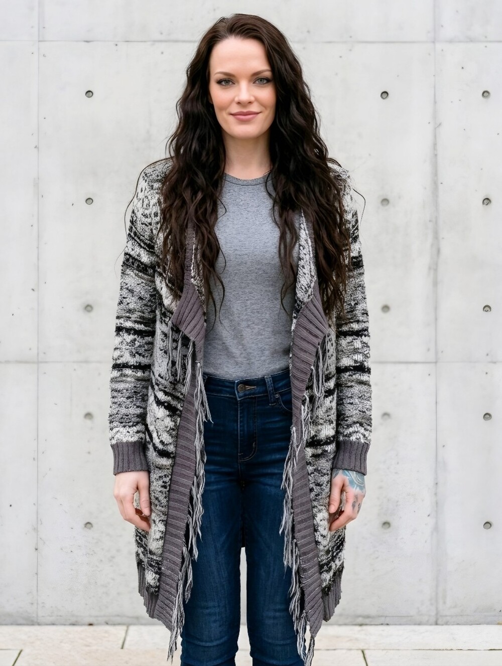 American Rag Cie ✦ Gray Brown Fringe Chevron Cardigan ✦ Wool Blend Open Front S
